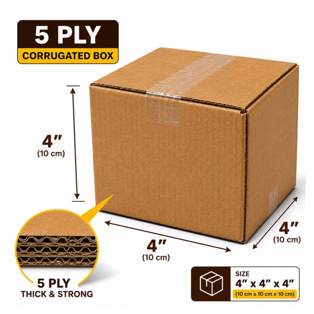 Protect your products with the MarkRTD 5 Ply Corrugated Box (4 x 4 x 4 Inch), designed for secure packaging and safe delivery. Made from high-quality corrugated board, this box offers excellent strength and durability, making it ideal for ecommerce sellers, courier shipments, warehousing, and general packaging needs. Its compact size is perfect for shipping small products such as cosmetics, accessories, electronics, gifts, handmade items, and fragile goods. The 5-ply construction provides enhanced protection against compression, impact, and transit damage. Key Features: ✔ 5 Ply Heavy-Duty Corrugated Construction ✔ Size: 4 x 4 x 4 Inch (10 x 10 x 10 cm) ✔ Strong & Durable Brown Kraft Finish ✔ Ideal for Amazon, Flipkart, Meesho & D2C Sellers ✔ Suitable for Shipping, Storage & Packaging ✔ Lightweight Yet High Load-Bearing Capacity ✔ Eco-Friendly & Recyclable Material ✔ Easy to Assemble and Seal Applications: Ecommerce Packaging Courier & Logistics Shipping Retail Product Packaging Gift & Handmade Product Packing Warehouse Storage Keywords: 5 Ply Corrugated Box, 4x4x4 Inch Box, Ecommerce Packaging Box, Shipping Box, Brown Corrugated Carton, Amazon Packaging Box, Flipkart Packaging Material, Meesho Packaging Box, Courier Box, MarkRTD Packaging.